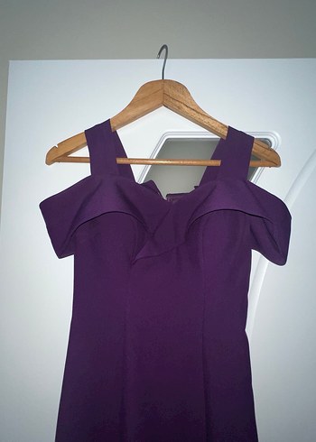 Mor Uzun V Yakalı Drapeli Abiye Elbise - Görsel 3