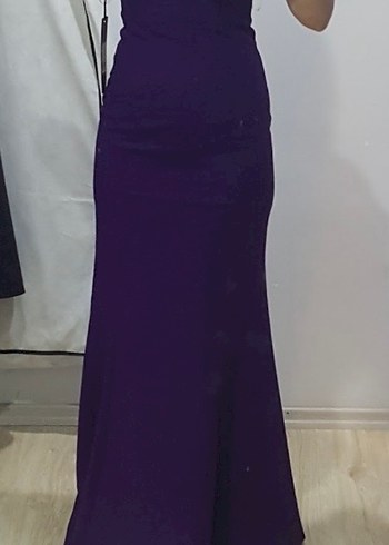 Mor Uzun V Yakalı Drapeli Abiye Elbise - Görsel 5