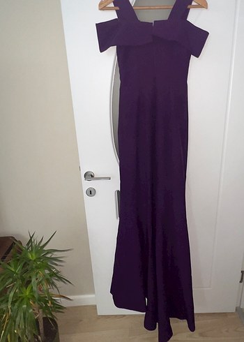 Mor Uzun V Yakalı Drapeli Abiye Elbise - Görsel 4