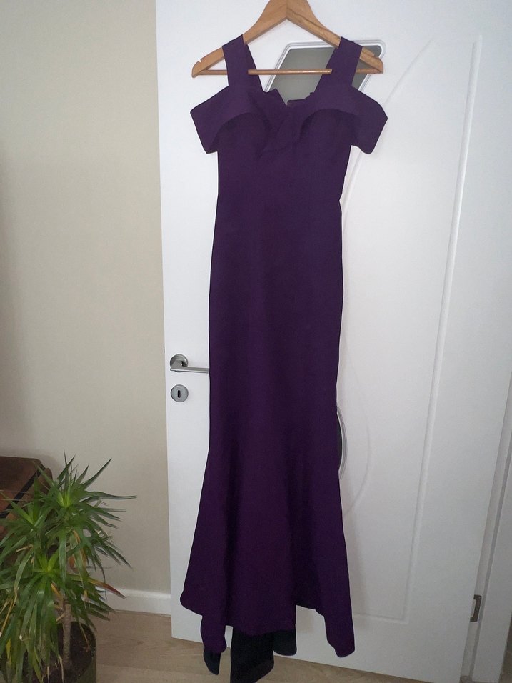 Mor Uzun V Yakalı Drapeli Abiye Elbise - Görsel 2