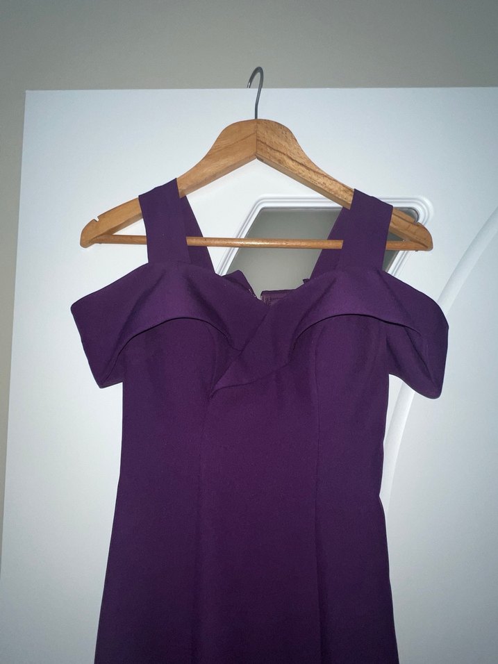 Mor Uzun V Yakalı Drapeli Abiye Elbise - Görsel 3