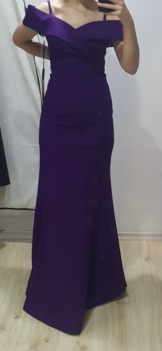 Mor Uzun V Yakalı Drapeli Abiye Elbise - Görsel 5