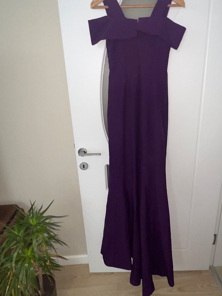 Mor Uzun V Yakalı Drapeli Abiye Elbise - Görsel 4