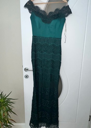 Zincir Detaylı V Yaka Turkuaz Uzun Abiye Elbise - Görsel 2