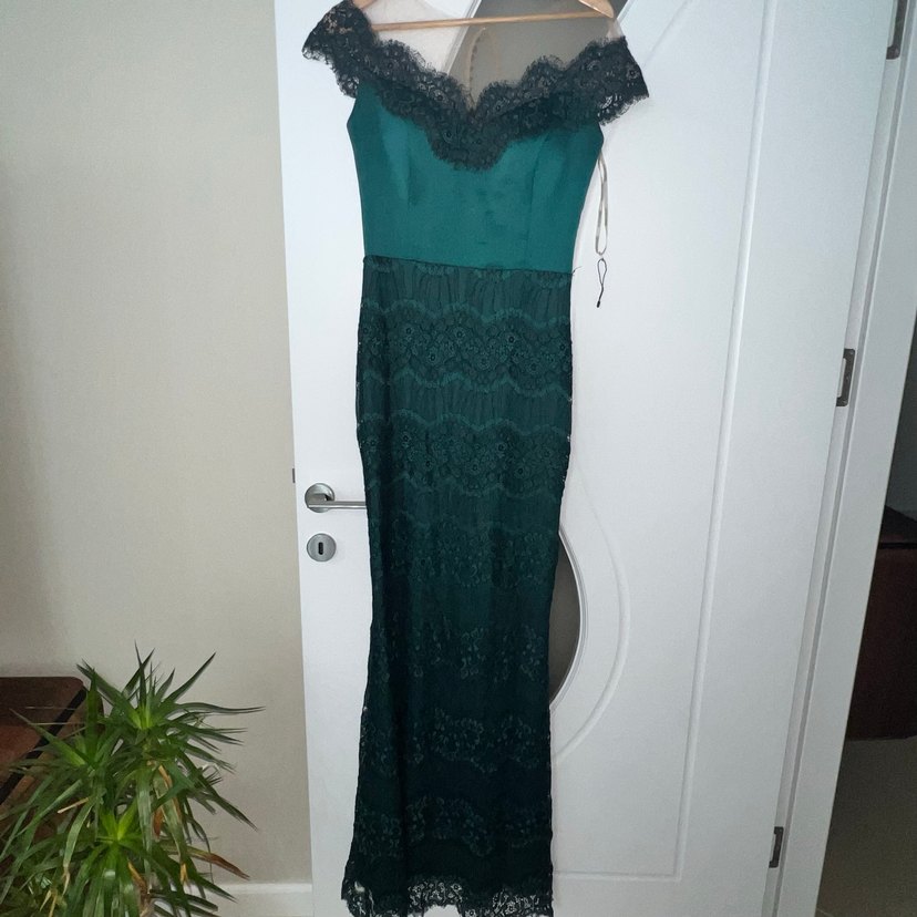 Zincir Detaylı V Yaka Turkuaz Uzun Abiye Elbise - Görsel 2