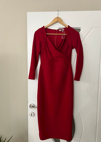 Koyu Kırmızı Uzun Kollu V Yaka Elbise - Görsel 2