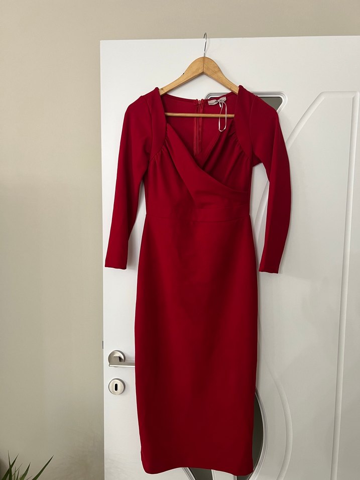 Koyu Kırmızı Uzun Kollu V Yaka Elbise - Görsel 2