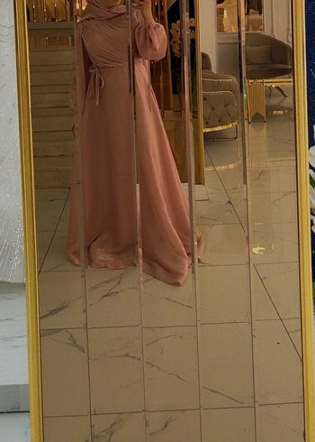Pudra Rengi Uzun Kollu Drapeli Abiye Elbise - Görsel 4