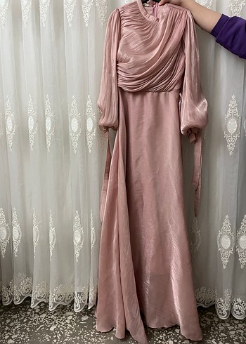 Pudra Rengi Uzun Kollu Drapeli Abiye Elbise - Görsel 3