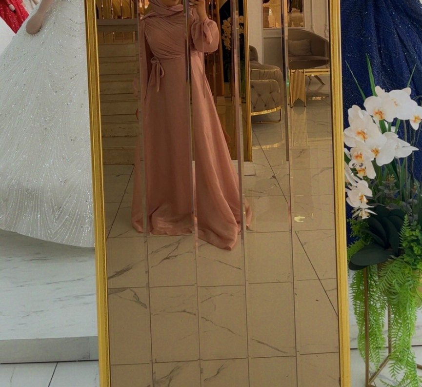 Pudra Rengi Uzun Kollu Drapeli Abiye Elbise - Görsel 4