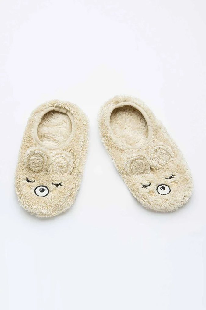 Kızlar için Bej Nakışlı Sıcak Ev Terliği - Görsel 3