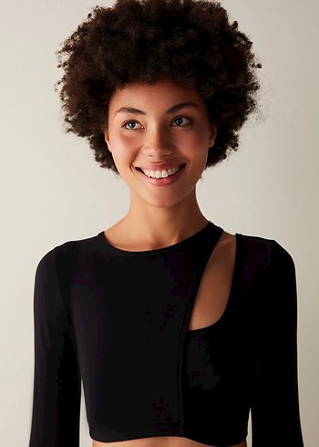 Siyah Asimetrik Uzun Kollu Crop Top - Görsel 3