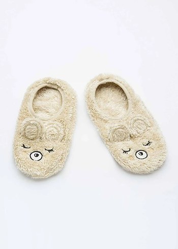 Kızlar için Nakışlı Kürklü Bej Ev Terliği - Görsel 2