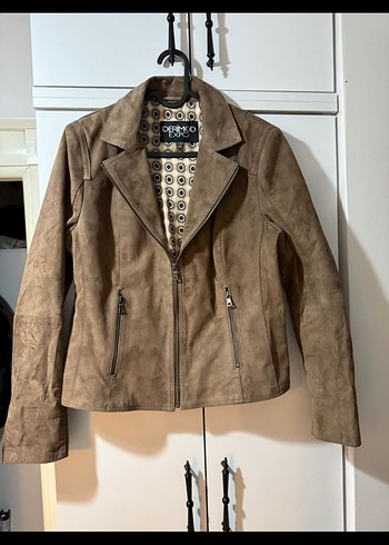 Bej Süet Biker Ceket, Normal Boy, Fermuarlı - Görsel 3