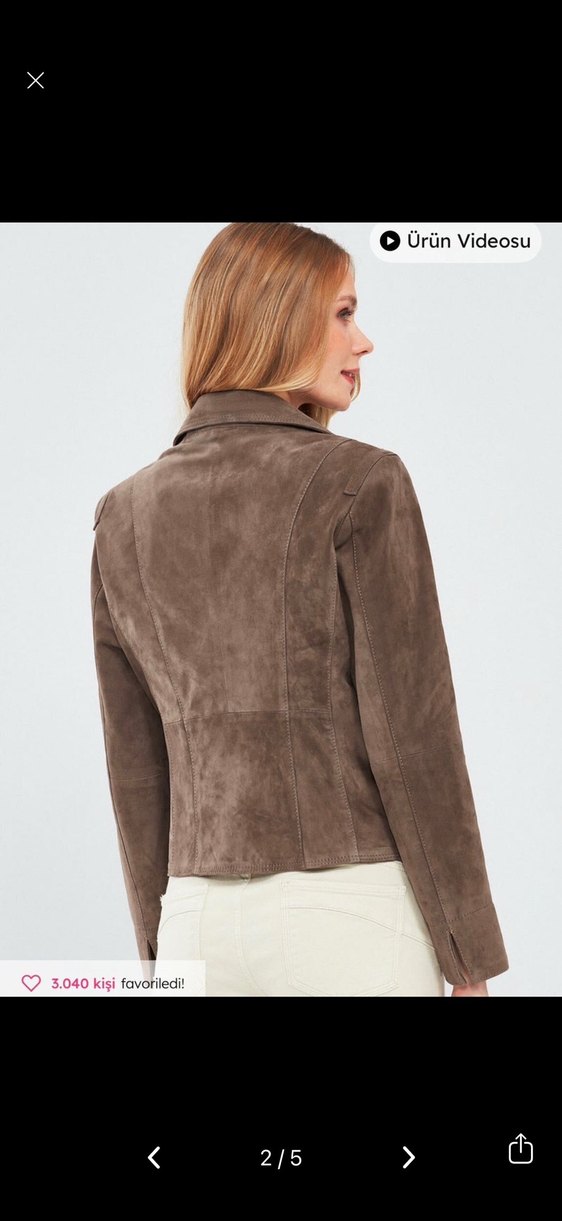Bej Süet Biker Ceket, Normal Boy, Fermuarlı - Görsel 2