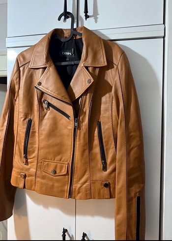 Bej Kadın Deri Biker Ceket Kemerli - Görsel 3