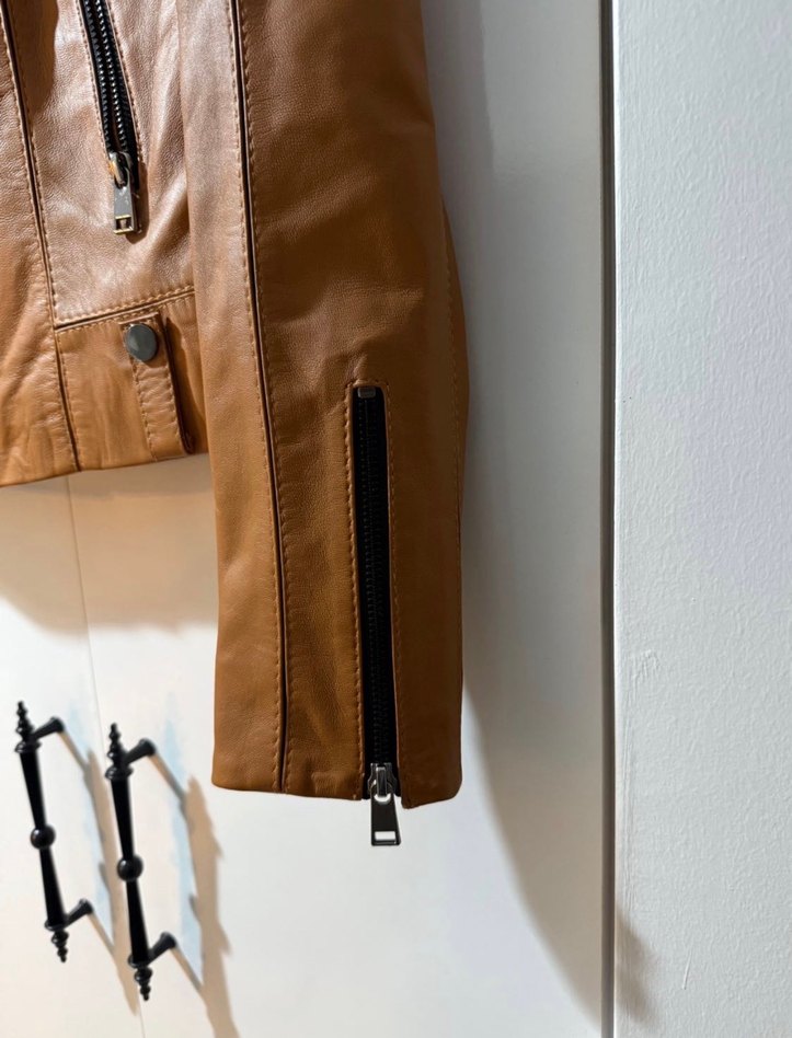 Bej Kadın Deri Biker Ceket Kemerli - Görsel 4