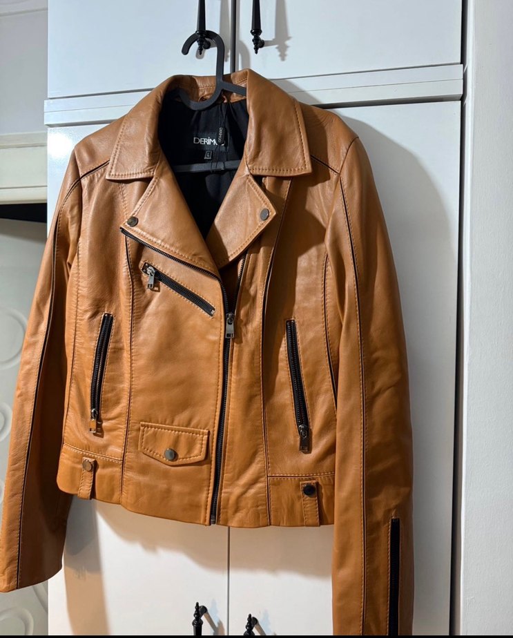 Bej Kadın Deri Biker Ceket Kemerli - Görsel 3