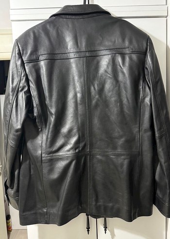 Deri Kadın Ceket Siyah Düğmeli Midi Boy - Görsel 2