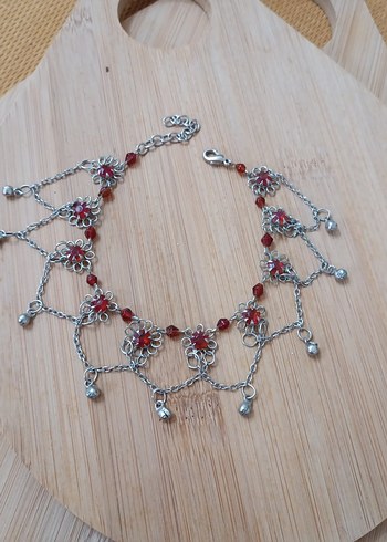 Kırmızı Çiçekli Boncuklu Bohem Bileklik halhal - Görsel 2