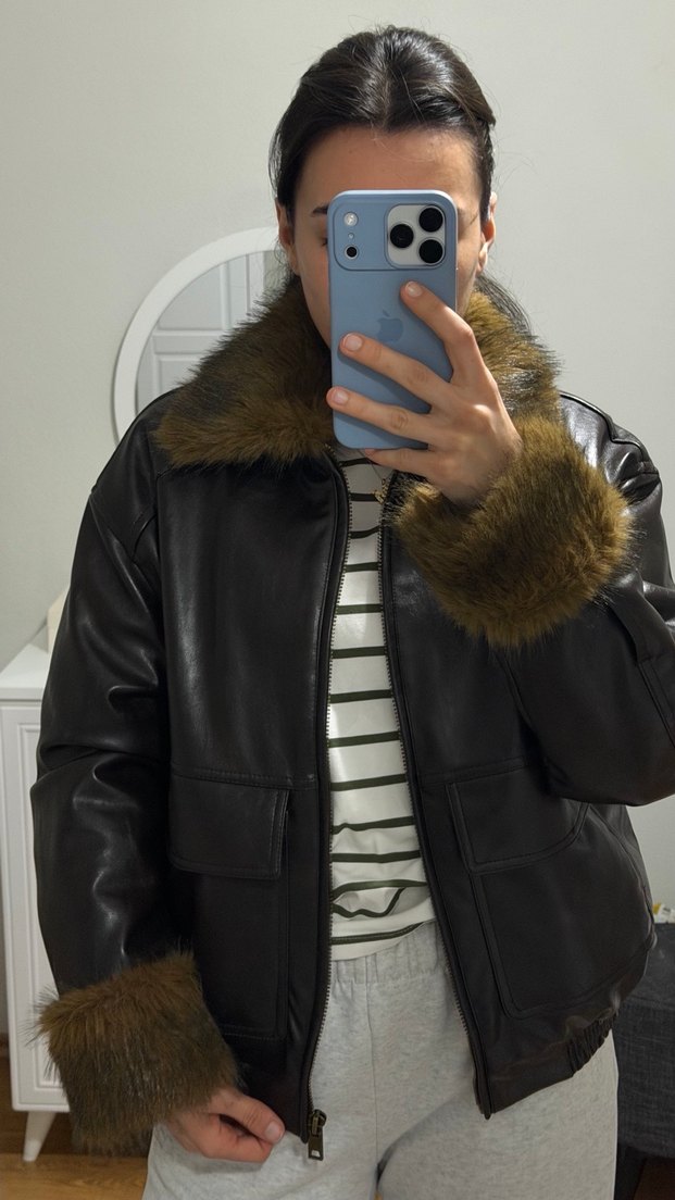 Kahverengi Deri Kürklü Kadın Kışlık Ceket - Görsel 3