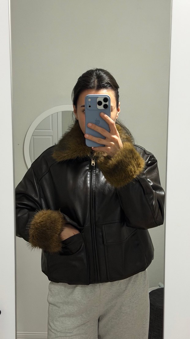 Kahverengi Deri Kürklü Kadın Kışlık Ceket - Görsel 2