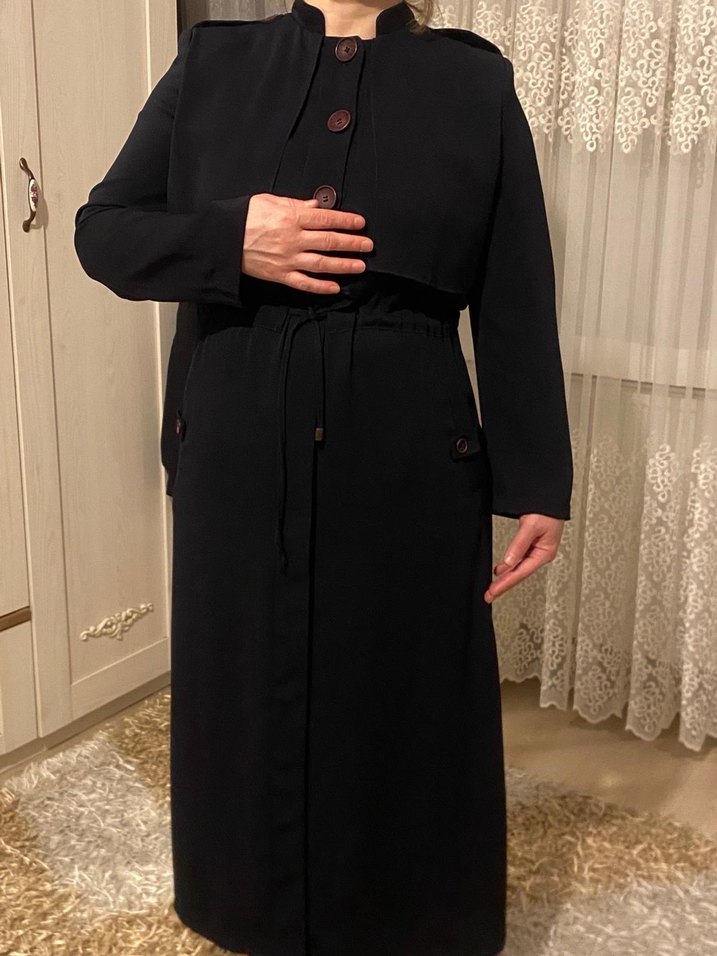 Armine Düğmeli lacivert Uzun Kadın pardesü - Görsel 2