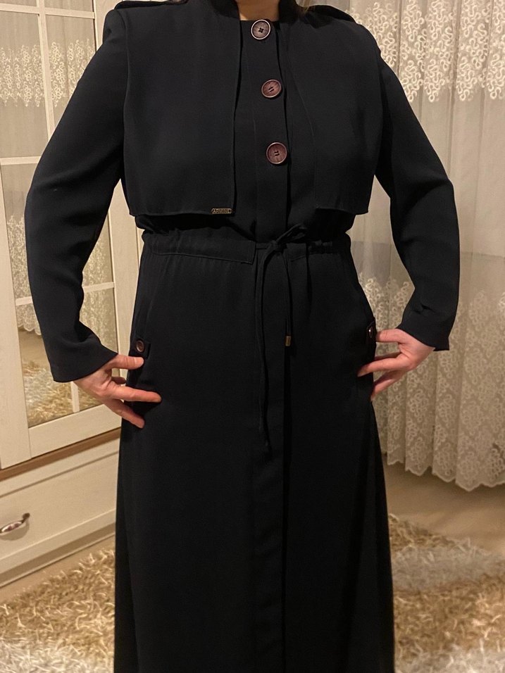 Armine Düğmeli lacivert Uzun Kadın pardesü - Görsel 3