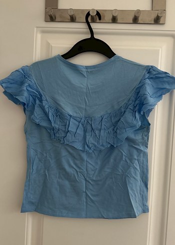 Kadın Mavi Kısa Kollu Fırfırlı Tişört - Görsel 4