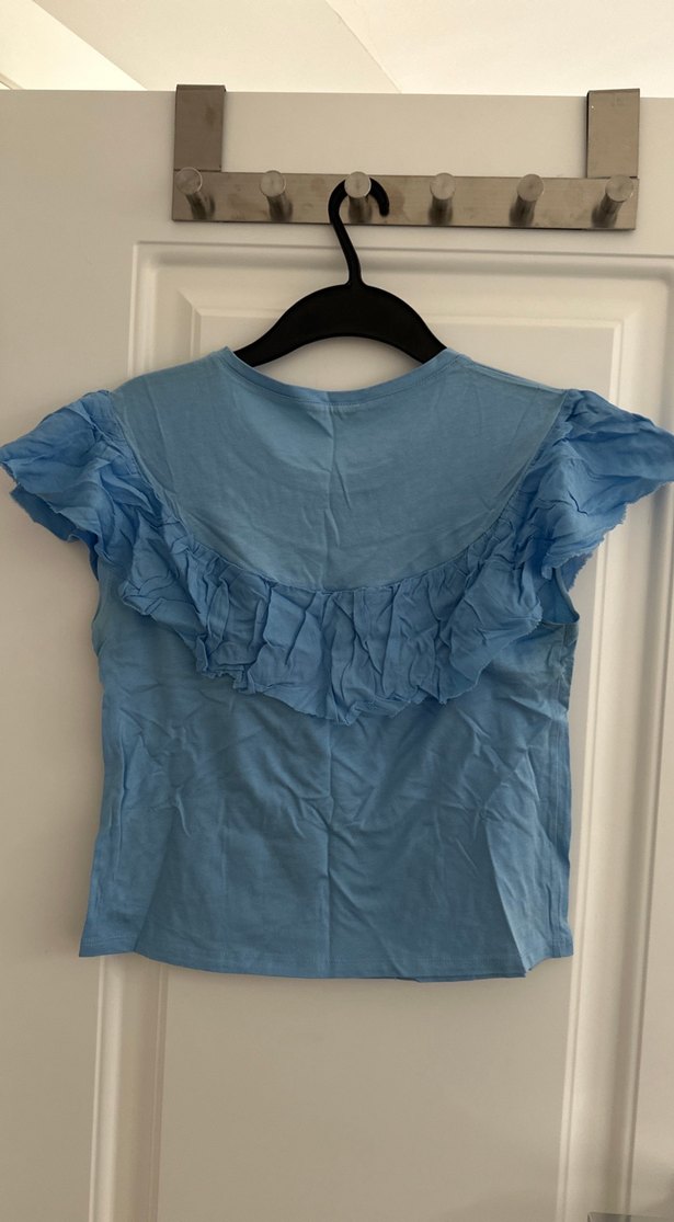 Kadın Mavi Kısa Kollu Fırfırlı Tişört - Görsel 4