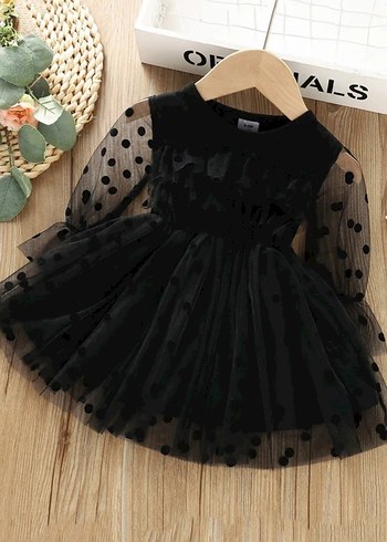 Uzun Kollu Siyah Puantiyeli Kız Çocuk Elbise - Görsel 3