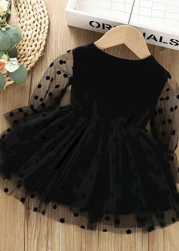 Uzun Kollu Siyah Puantiyeli Kız Çocuk Elbise - Görsel 2