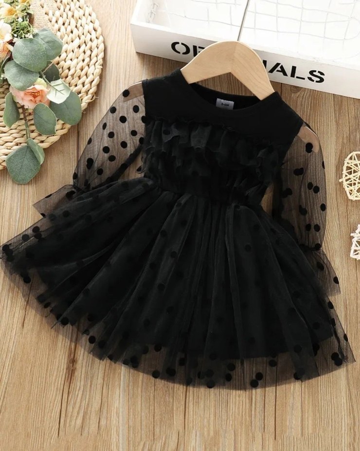 Uzun Kollu Siyah Puantiyeli Kız Çocuk Elbise - Görsel 3