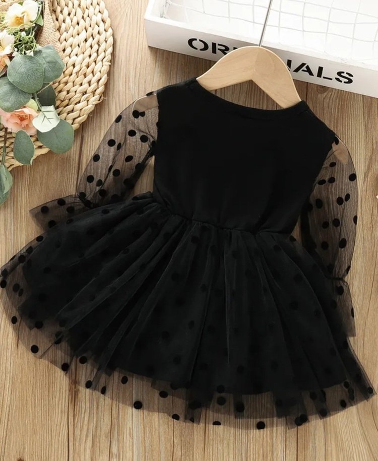 Uzun Kollu Siyah Puantiyeli Kız Çocuk Elbise - Görsel 2