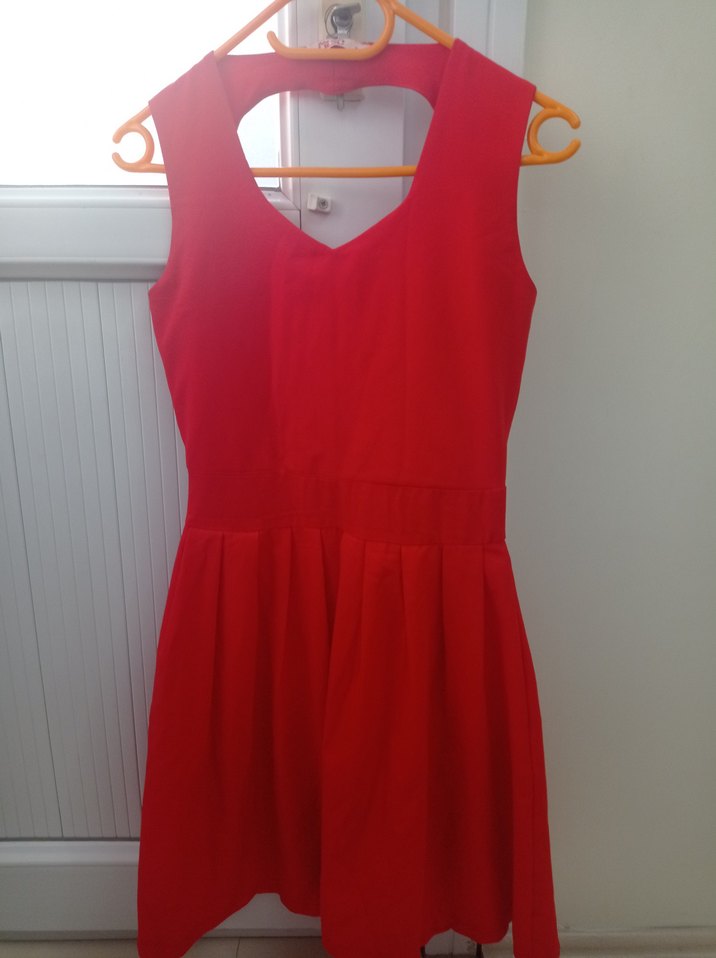 Kırmızı V Yaka Pilili Midi Abiye Elbise - Görsel 5