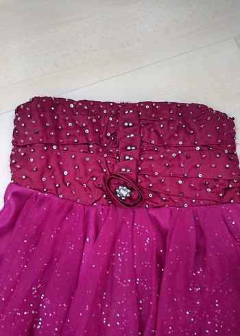 Pullu Straplez Pembe Midi Abiye Elbise - Görsel 3