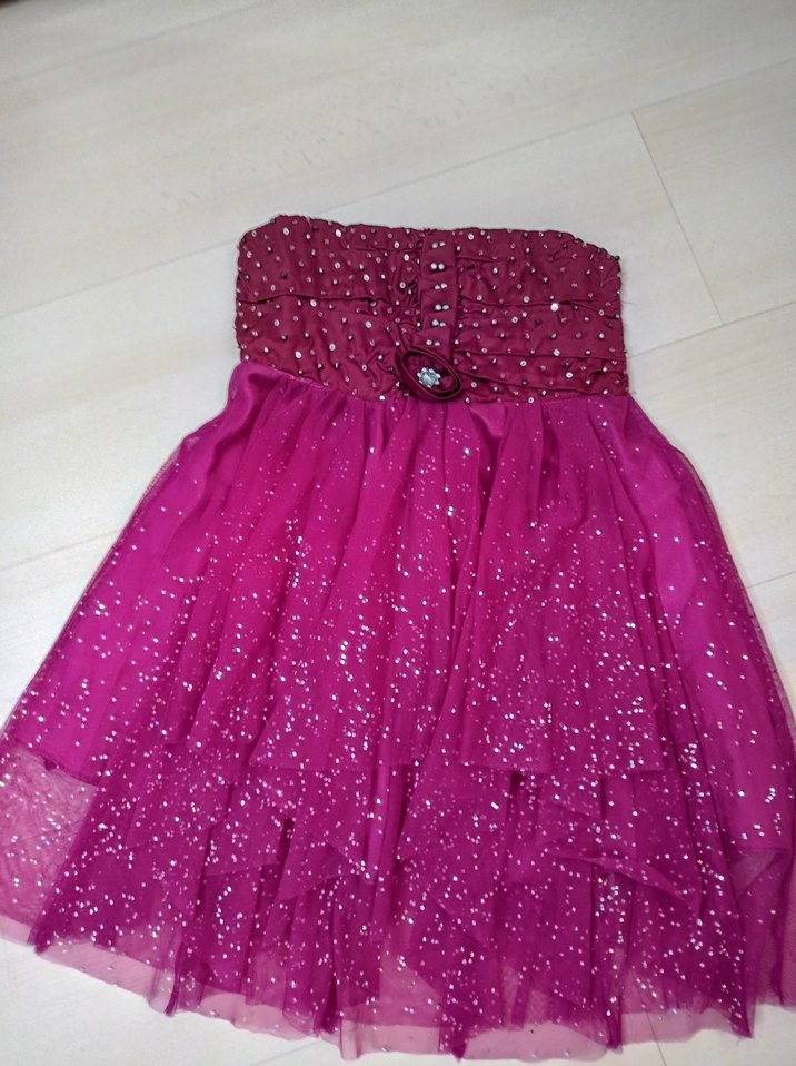 Pullu Straplez Pembe Midi Abiye Elbise - Görsel 2