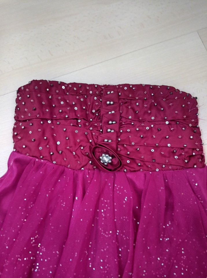 Pullu Straplez Pembe Midi Abiye Elbise - Görsel 3