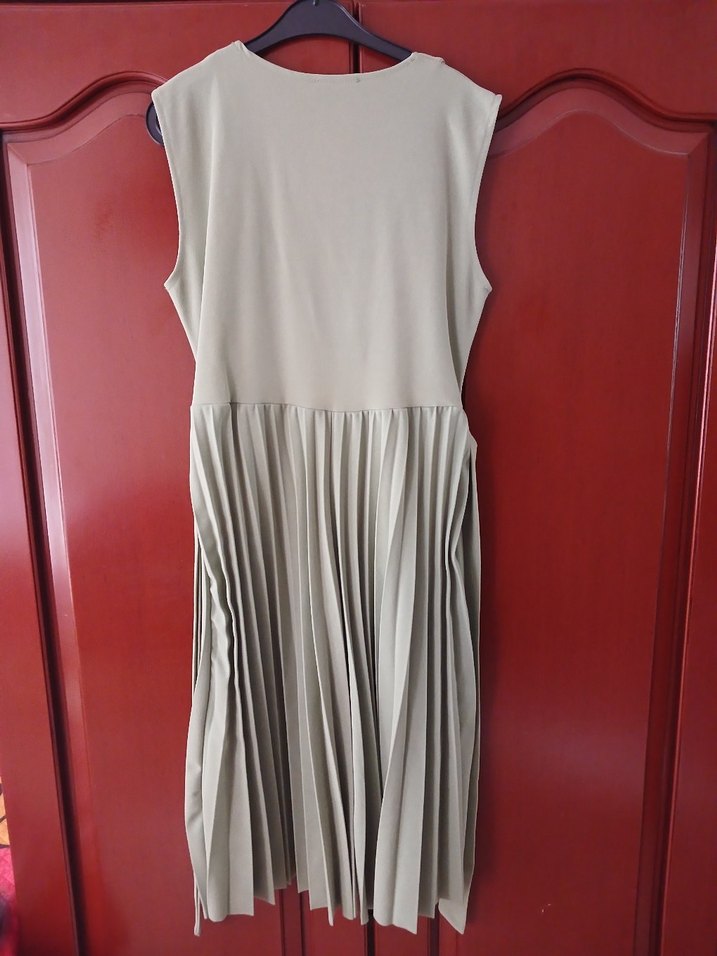 su yeşilj Pileli midi boy Kolsuz Kadın Elbise - Görsel 4