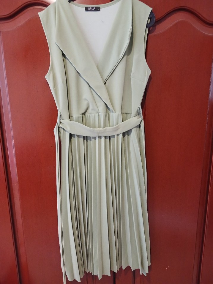 su yeşilj Pileli midi boy Kolsuz Kadın Elbise - Görsel 2