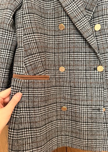 Düğmeli Kahverengi Ekose Kadın Blazer Ceket - Görsel 4