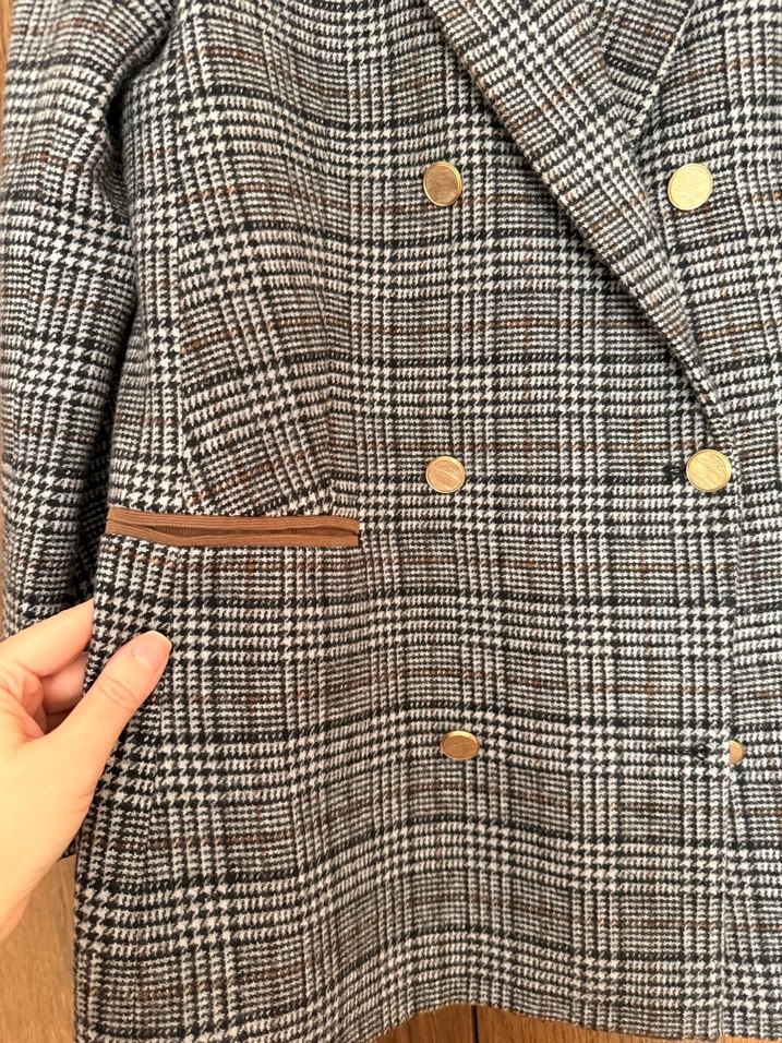 Düğmeli Kahverengi Ekose Kadın Blazer Ceket - Görsel 4