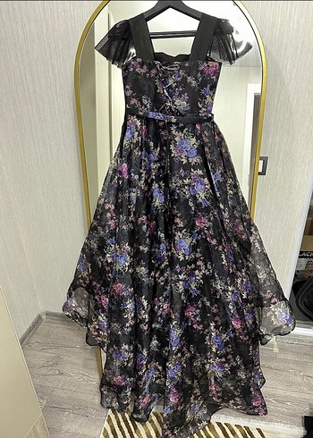 Mor Çiçek Desenli Gotik Uzun Abiye Elbise - Görsel 2