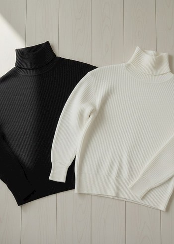 Erkek Fitilli Balıkçı Yaka Slim Fit Triko Kazak  Siyah & Beyaz - Görsel 2