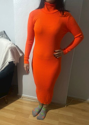 Turuncu Fitilli Uzun Triko Elbise - Görsel 2