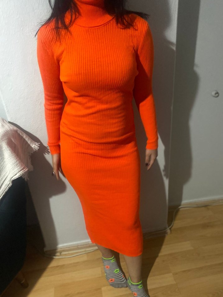 Turuncu Fitilli Uzun Triko Elbise - Görsel 3