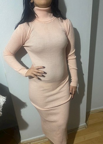 Bej Uzun Kollu Boğazlı Triko Elbise - Görsel 3