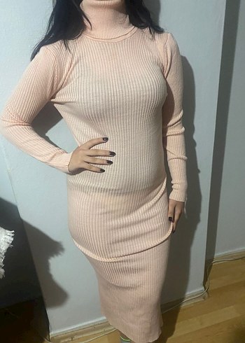 Bej Uzun Kollu Boğazlı Triko Elbise - Görsel 2