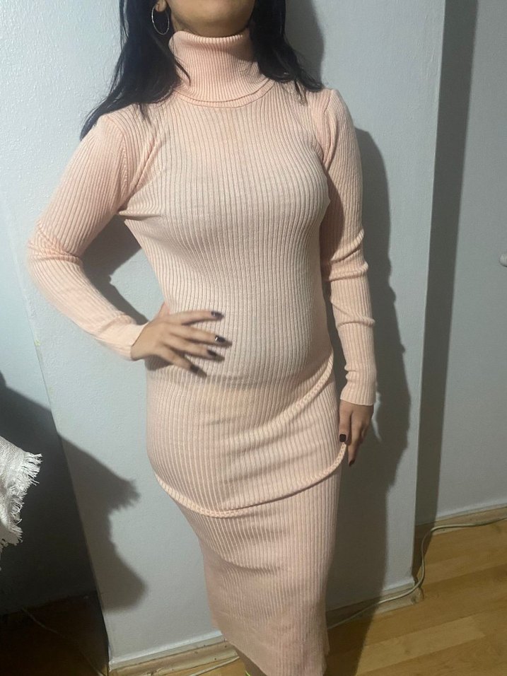 Bej Uzun Kollu Boğazlı Triko Elbise - Görsel 3