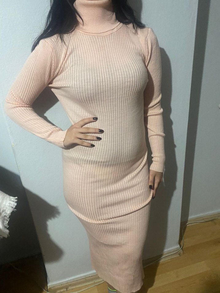 Bej Uzun Kollu Boğazlı Triko Elbise - Görsel 2
